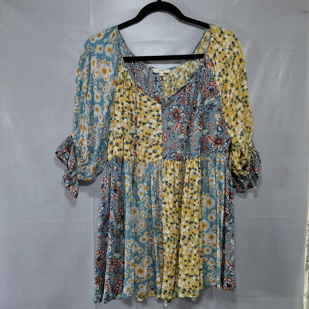 Easel Patchwork Peasant Tunic Top Med Short Puff Sleeves Floral Multicolor